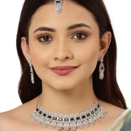 Karatcart Silver Tone Blue American Diamond Studded Necklace Set-image-64