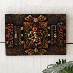 Unravel India 'Meditating Ganesha' Multicolor Wooden  Wall Showpiece - Set of 1-10