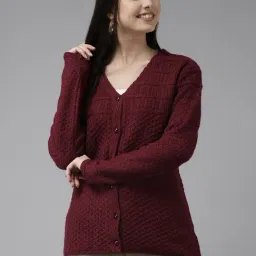 Cayman Maroon Wool Self Design Cardigan-image-22