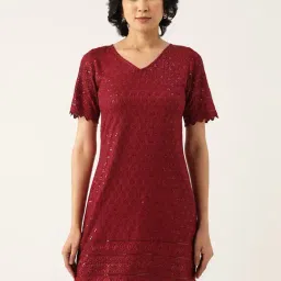 BRINNS Maroon Embellished A Line Dress-image-87