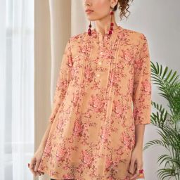 Soch Beige Georgette Floral Printed Mandarin Collar A-Line Tunic-image-4