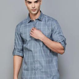 Code by Lifestyle Grey Cotton Slim Fit Checks Shirt-image-86