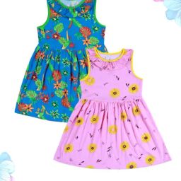 Kiddopanti Girls Baby Pink & Sky Blue Cotton Printed Regular Fit Dress - Pack of 2-image-119
