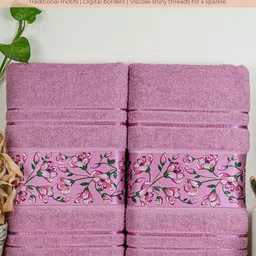 Myntra Elegant Homes Purple & Pink 2 Pieces Printed Cotton 450 GSM Bath Towels-13