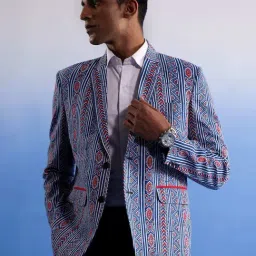 Vastramay Indigo Blue Cotton Regular Fit Striped Blazer-image-54