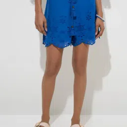 LOV by Westside Blue Schiffli High-Rise Cotton Shorts With Belt-image-79