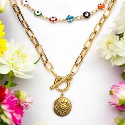 OOMPH Multicolor Evil Eye Beads and Medallion Link Chain Choker Pack of 2-31