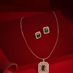 Zaveri Pearls Green Dazzling Cubic Zirconia Pendant with Chain & Earrings Set-image-12