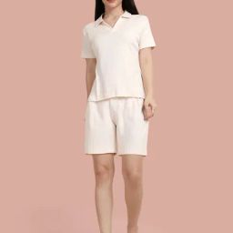 TWIN BIRDS Beige Cotton Textured Night Co-Ord Set-image-5