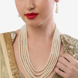 Zaveri Pearls Gold Tone Statement Layered Fusion Wear Pearls Necklace & Earrings Set-10