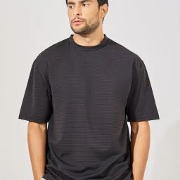Styli Black Relaxed Fit Self Design Oversized Crew T-Shirt-picture-7