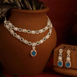 Zaveri Pearls Blue Stones Austrian Diamonds Layered Necklace Earrings & Maangtikka Set-44