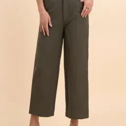 Fablestreet Olive Linen Relaxed Fit Mid Rise Trousers-image-25