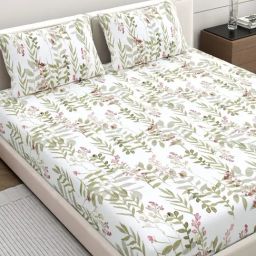 Home Ecstasy Moss Olive Cotton Floral 140 TC King Bedsheet with 2 Pillow Covers-26