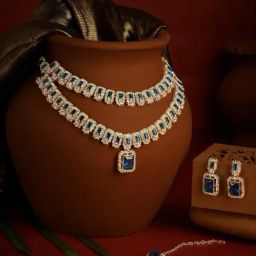 Zaveri Pearls Blue Stones Austrian Diamonds Layered Necklace Earrings & Maangtikka Set-image-94