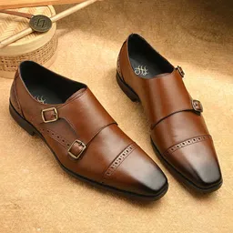 House of Pataudi Men Round Toe Buckles Formal Monk Shoes-picture-22
