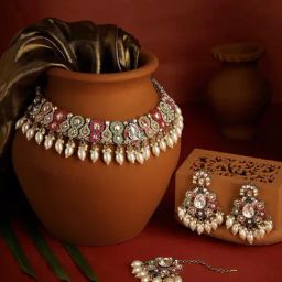 Zaveri Pearls Multicolor Dazzling Stones Beads Drop Necklace Earrings & Maangtikka Set-56