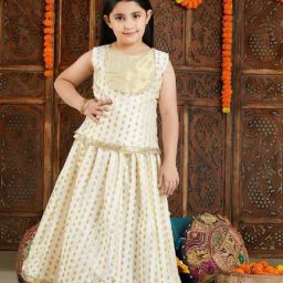 VASTRAMAY Girls Cream & Gold Embroidery Lehenga Cholis-image-107