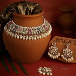 Zaveri Pearls Multicolor Dazzling Stones Beads Drop Necklace Earrings & Maangtikka Set-31