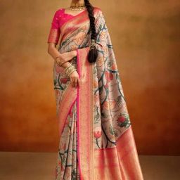 Elora Grey & Pink Silk Woven Saree With Unstitched Blouse-image-46