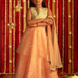 VASTRAMAY Girls Mint Green & Peach Embroidery Lehenga Cholis-image-80