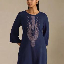 Soch Navy Blue Cotton Regular Fit Embroidered Kurtis-image-10