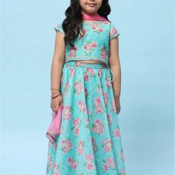 BIBA Girls Turquoise Floral Print Lehenga, Blouse with Dupatta-image-9