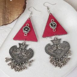Teejh Ethnic Zue Pink Fabric and Silver Oxidized Dangler Earring-46
