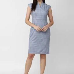 Van Heusen Blue Cotton Chequered Shift Dress-image-19