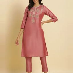 W Pink Embroidered Straight Kurta-image-91