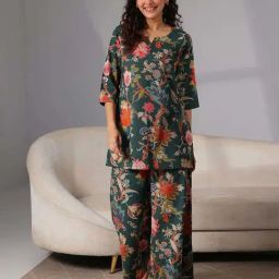 Libas Green Cotton Printed Tunic Pyjamas Set-11