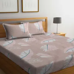 Klotthe Printed Beige 300 TC Cotton Blend King Bed Sheet with 2 Pillow Covers-image-92