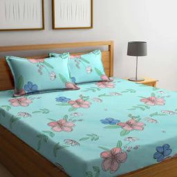 Klotthe Floral Turquoise Green 300 TC Cotton Blend King Bed Sheet with 2 Pillow Covers-image-24