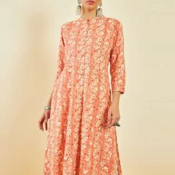 Soch Peach Rayon Foil Print Straight Kurta with Princess Seam-image-40