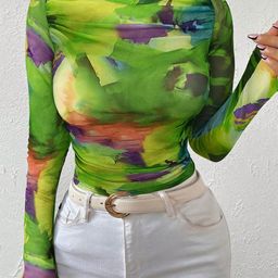 Outzidr Women Abstract Printed Ruched Fitted Top-picture-19