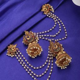 Priyaasi Beads Kemp Stones Gold-Plated Peacock Chained Jhumki Earring-42