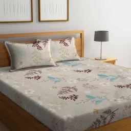 Klotthe Floral Beige 300 TC Cotton Blend King Bed Sheet with 2 Pillow Covers-picture-27