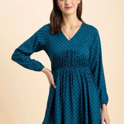 Moomaya Teal Printed Fit & Flare Dress-image-76