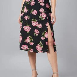 Carlton London Black Floral Print Midi Skirt-image-36