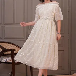 KALINI Off-Shoulder Flared Sleeve Georgette Fit & Flare Midi Dress-17