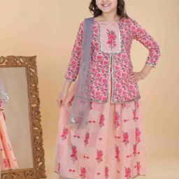 AJ Dezines Kids Pink Floral Print Lehenga Set-image-55