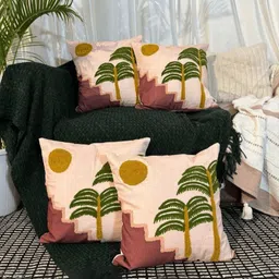 LUSHLYF Pink & Mustard 4 Pieces Embroidered Pure Cotton Square Cushion Covers-56