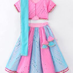 Saka Designs Georgette Half Sleeves Embroidered Choli Lehenga Set with Dupatta - Pink & Blue-image-82