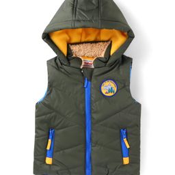 BabyhugWoven Sleeveless Hooded Padded Winter Jacket with Patch & Pockets - Dark Green-image-85