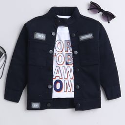 Ministitch Denim Full Sleeves Solid Jacket With Born To Be Awesome Text Printed T-Shirt - Navy Blue-10