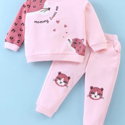 ToffyHouse 100% Cotton Knit Full Sleeves T-Shirt & Lounge Pants Set With Animal Print - Light Pink-picture-23
