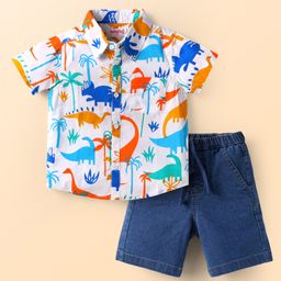 Babyhug Cotton Woven Half Sleeves Dino Printed Shirt & Solid Denim Shorts Set - White & Blue-picture-27
