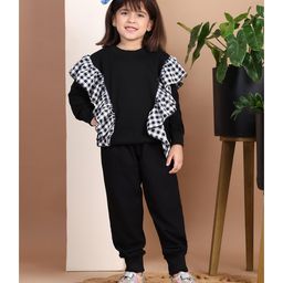 BaawRi French Terry Full Sleeves Checked Frill Detailed Solid Sweatshirt & Coordinating Pant Set - Black-image-20