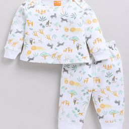 Snuggly MONKEY Interlock Knit Full Sleeves Wild Animals Printed Coordinating Night Suit Set - White-image-65