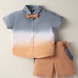 ToffyHouse Poplin Woven Half Sleeves Ombre Shirt & Shorts Set with Suspenders & Bow with - Tan & Grey-picture-29